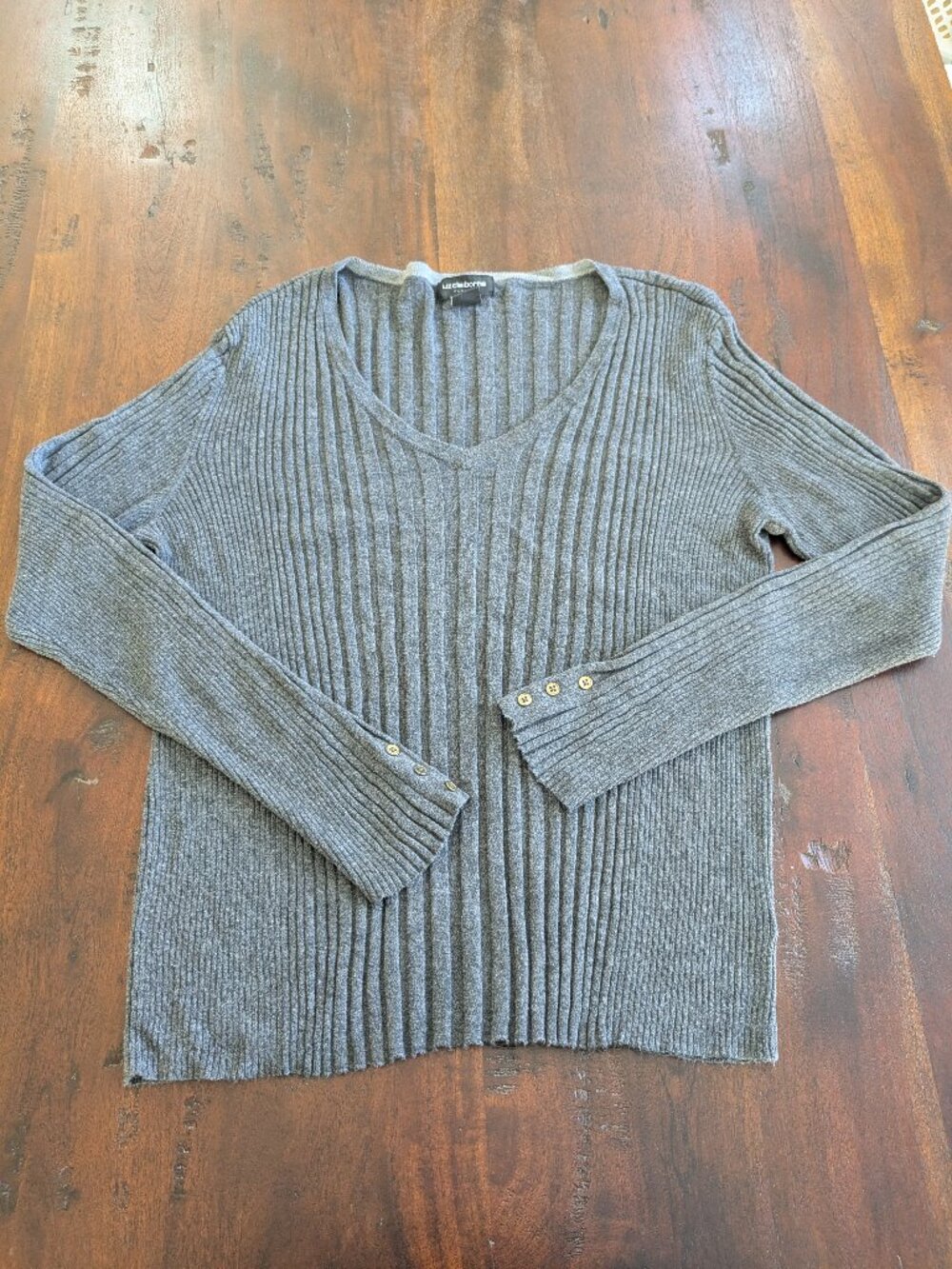 Liz Claiborne Career Charcoal Gray Ribbed V-Neck Button Cuff Sweater XL